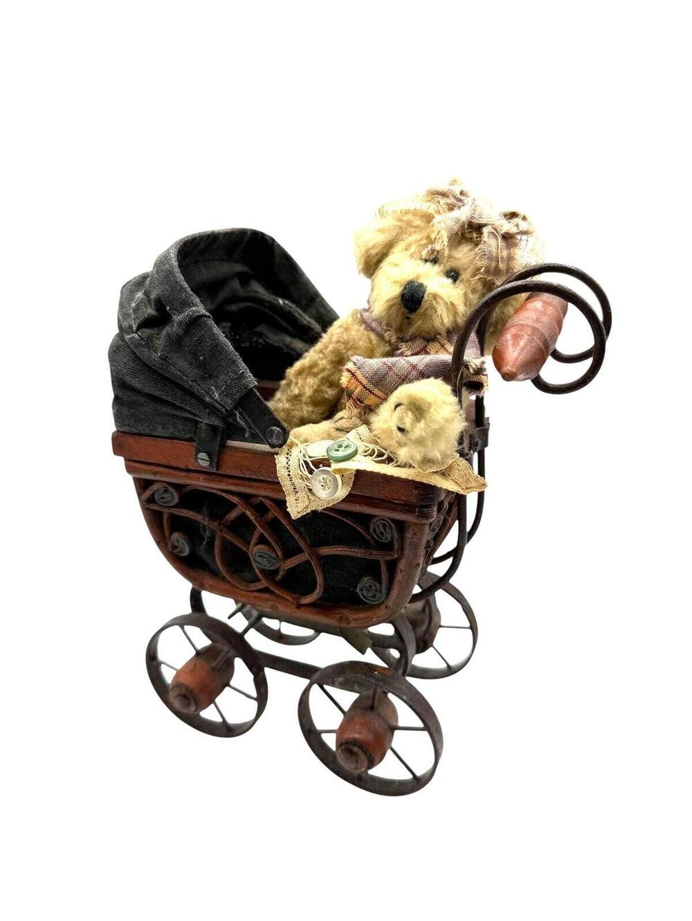 Vintage Toy Carriage, Victorian Pram with a Teddy Bear,